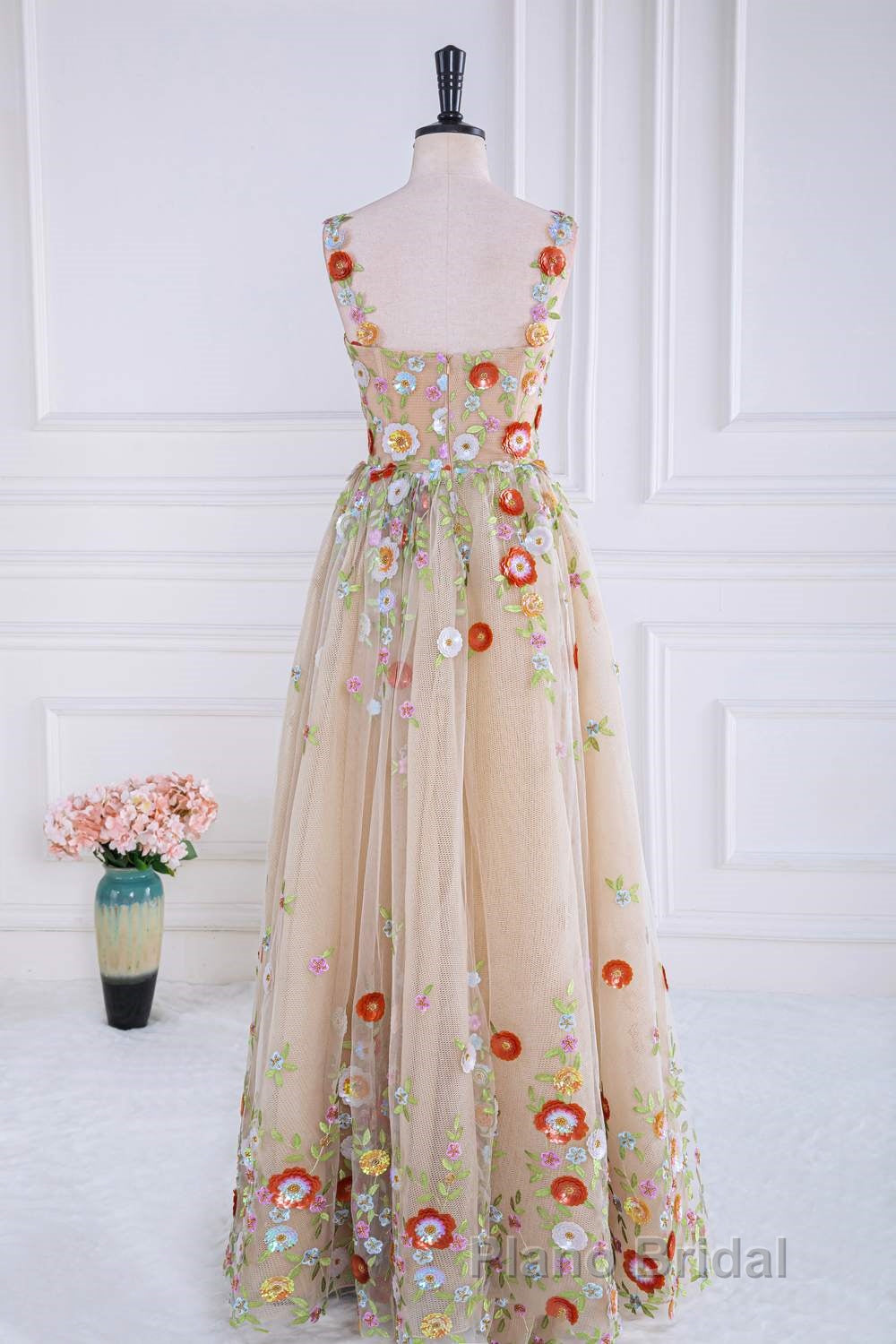 Dusty Pink Sequined Floral Appliques A-line Long Formal Prom Dresses Secondary image