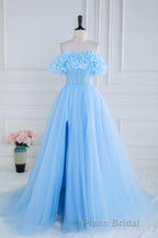 Light Blue Flowers Off-Shoulder A-line Long Formal Prom Dresses with Slit