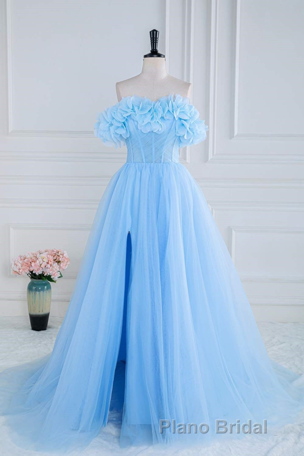 Light Blue Flowers Off-Shoulder A-line Long Formal Prom Dresses with Slit