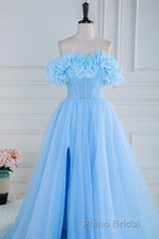 Light Blue Flowers Off-Shoulder A-line Long Formal Prom Dresses with Slit