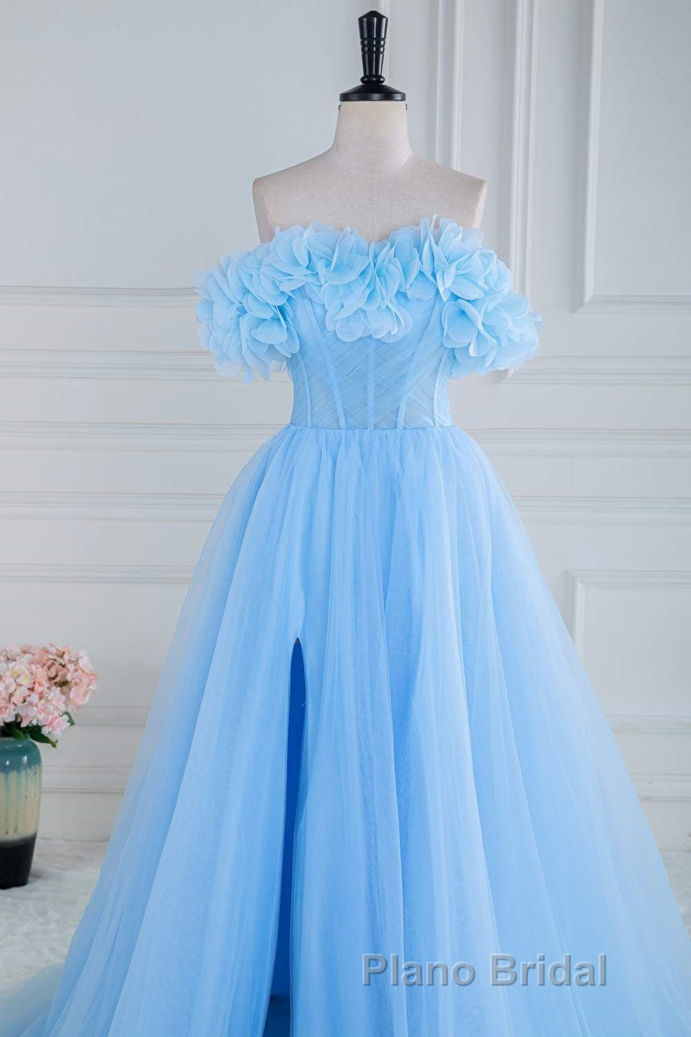 Light Blue Flowers Off-Shoulder A-line Long Formal Prom Dresses with Slit