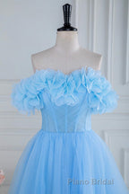 Light Blue Flowers Off-Shoulder A-line Long Formal Prom Dresses with Slit