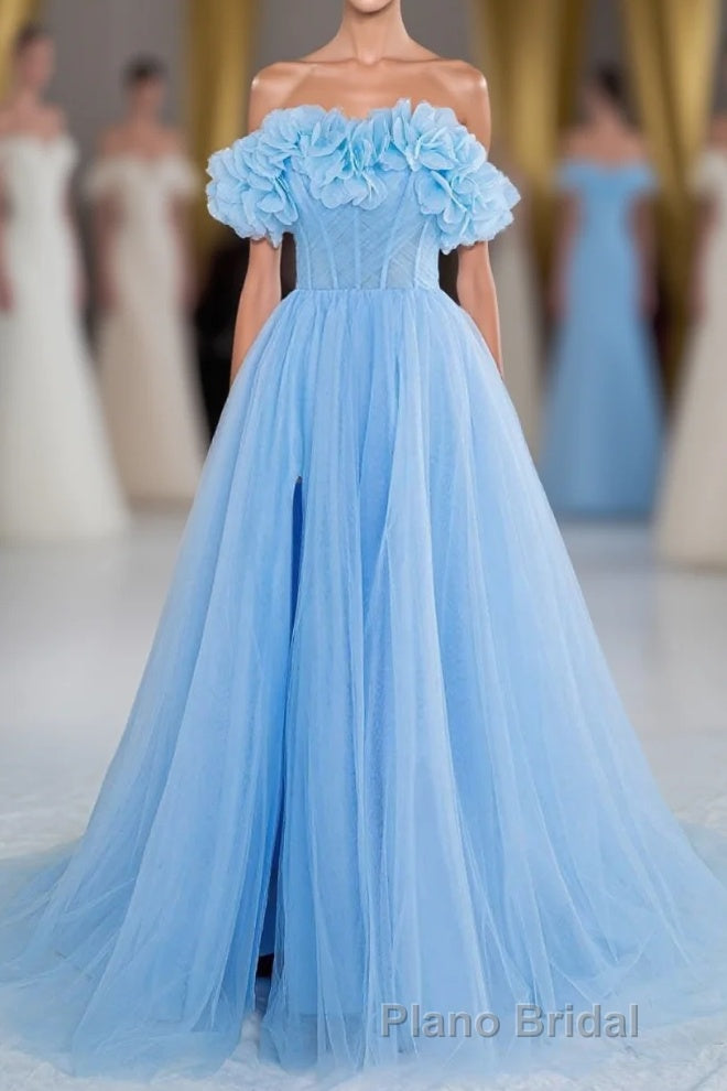 Light Blue Flowers Off-Shoulder A-line Long Formal Prom Dresses with Slit