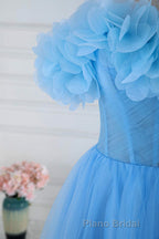 Light Blue Flowers Off-Shoulder A-line Long Formal Prom Dresses with Slit