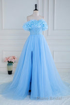 Light Blue Flowers Off-Shoulder A-line Long Formal Prom Dresses with Slit