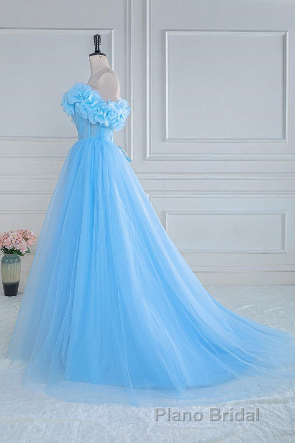 Light Blue Flowers Off-Shoulder A-line Long Formal Prom Dresses with Slit