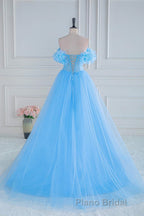 Light Blue Flowers Off-Shoulder A-line Long Formal Prom Dresses with Slit
