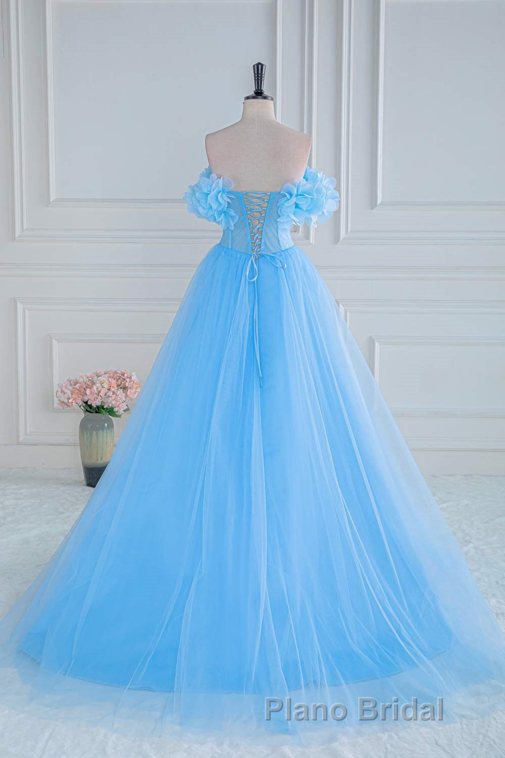 Light Blue Flowers Off-Shoulder A-line Long Formal Prom Dresses with Slit