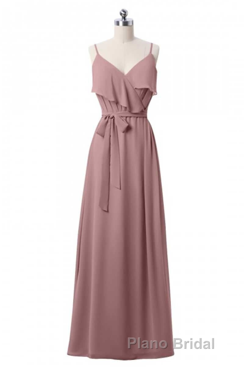 Mauve Pink Chiffon Spaghetti Straps Ruffled A-Line Bridesmaid Dresses