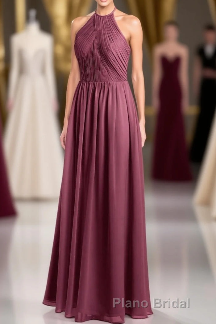 Mauve Chiffon Halter Backless A-Line Long Bridesmaid Dresses