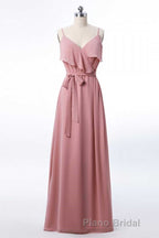 Mauve Pink Chiffon Spaghetti Straps Ruffled A-Line Bridesmaid Dresses