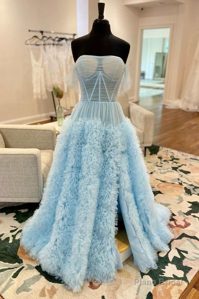 Light Blue Sheer Mesh Off-the-Shoulder Long Prom Dress with Ruffles Main image