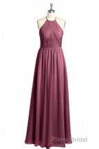 Mauve Chiffon Halter Backless A-Line Long Bridesmaid Dresses