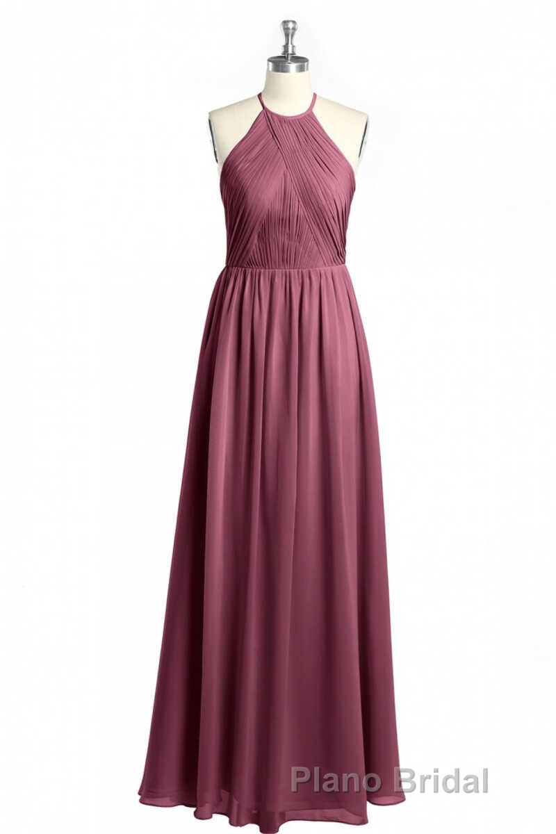 Mauve Chiffon Halter Backless A-Line Long Bridesmaid Dresses