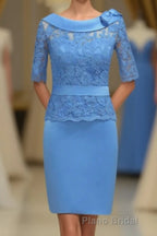 Blue Lace Crew Neck Half Sleeve Short Mother of the Bride Dresses