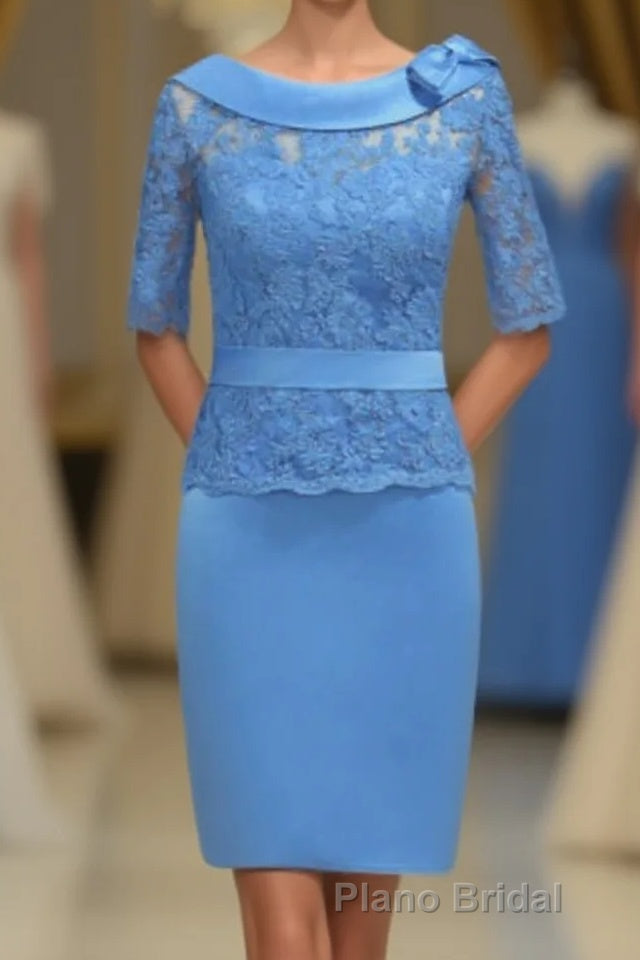 Blue Lace Crew Neck Half Sleeve Short Mother of the Bride Dresses Main image