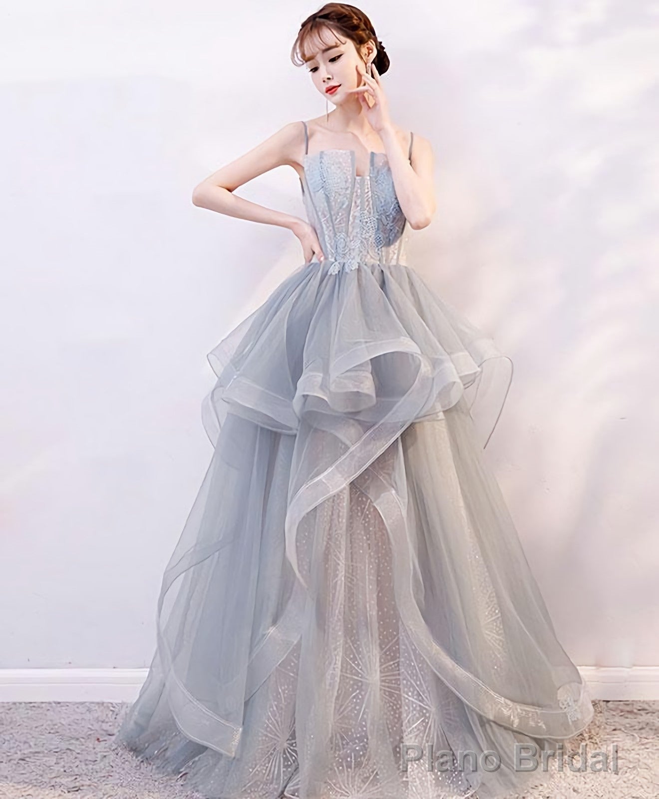 Gray Tulle Lace Long Prom Dress Gray Tulle Lace Evening Dress 2 Main image