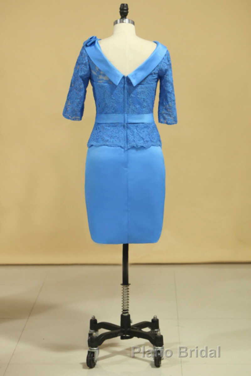 Blue Lace Crew Neck Half Sleeve Short Mother of the Bride Dresses Secondary image