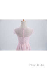 Princess Pink Chiffon and Lace Short Sleeves Bridesmaid Dress