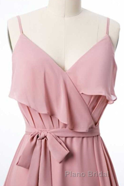 Mauve Pink Chiffon Spaghetti Straps Ruffled A-Line Bridesmaid Dresses