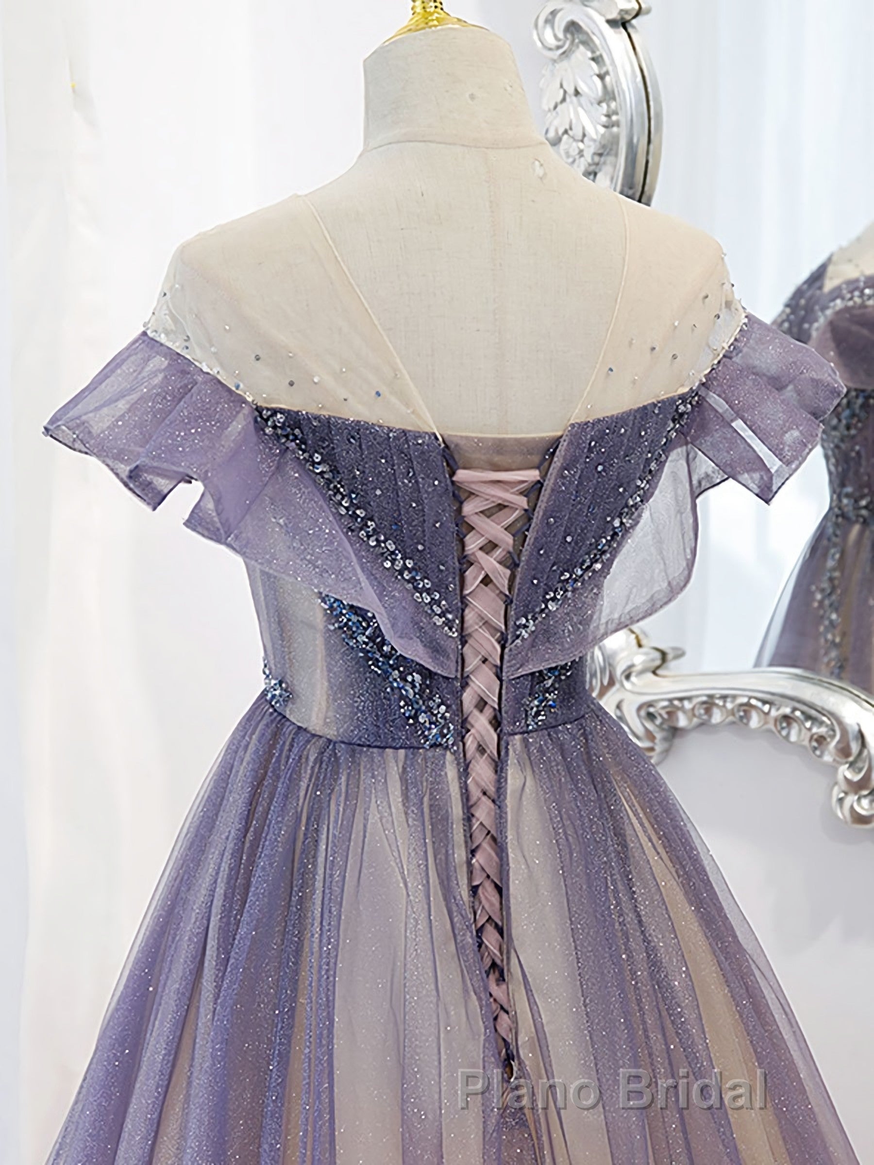 Purple Off Shoulder Tulle Sequin Long Formal Prom Dresses, Purple Evening Dresses