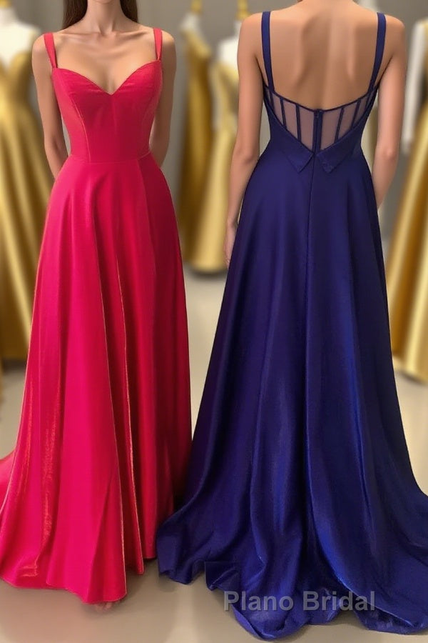 Neon Pink V-Neck Straps A-Line Formal Prom Dresses