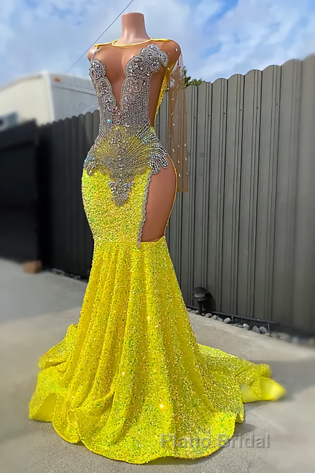 Round neck Silver Beaded Mermaid Yellow Sequin Formal Prom Dresses