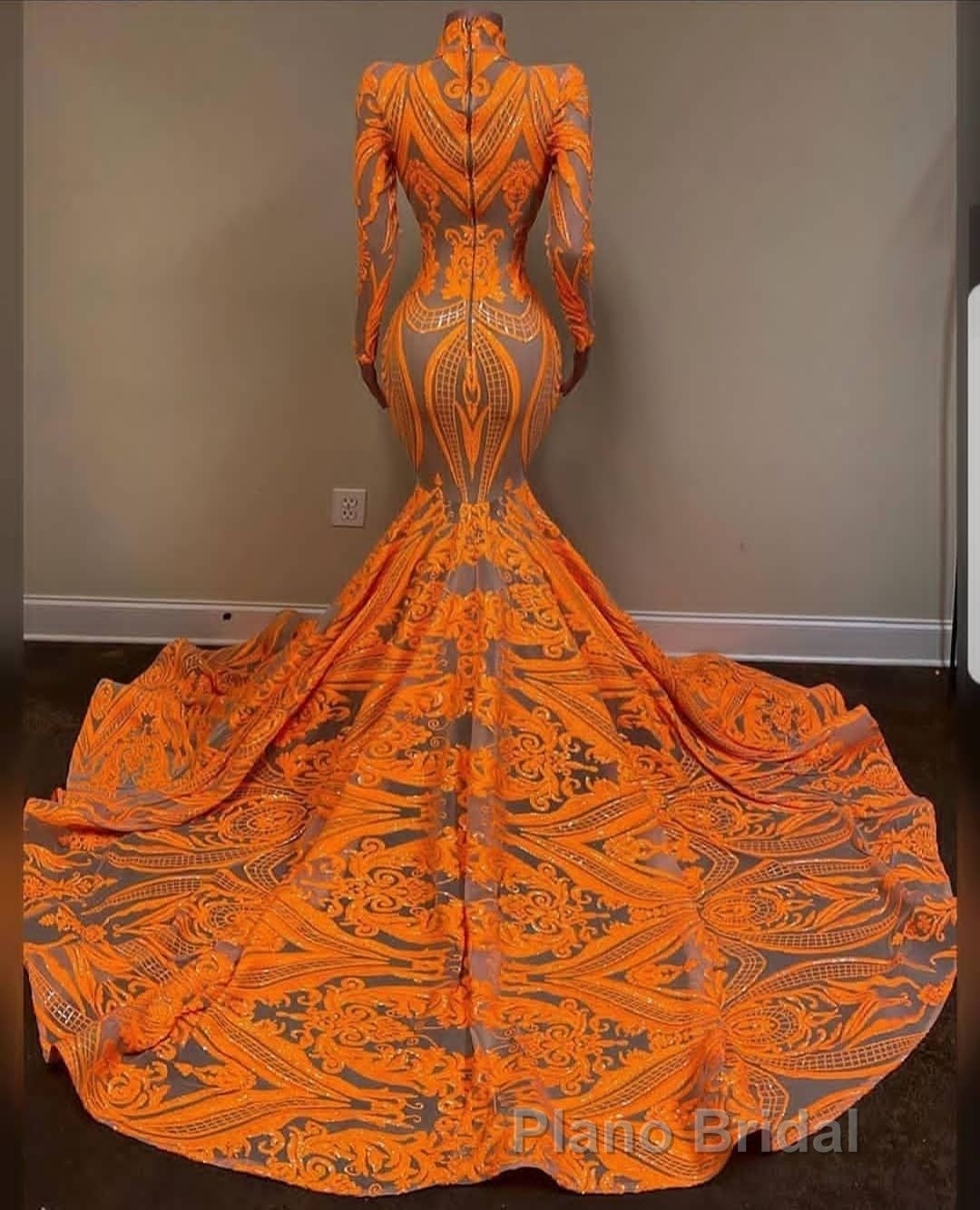 Hot Orange High neck Long Sleeves Mermaid Sequin Formal Prom Dresses Secondary image