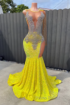 Round neck Silver Beaded Mermaid Yellow Sequin Formal Prom Dresses
