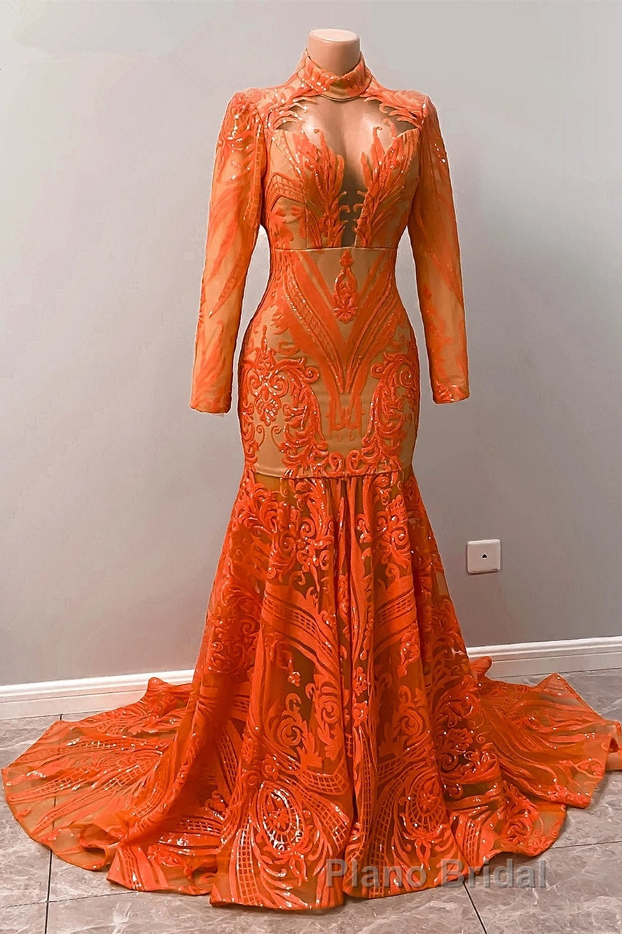 Hot Orange High neck Long Sleeves Mermaid Sequin Formal Prom Dresses