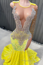 Round neck Silver Beaded Mermaid Yellow Sequin Formal Prom Dresses