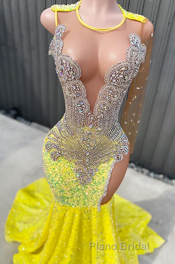 Round neck Silver Beaded Mermaid Yellow Sequin Formal Prom Dresses