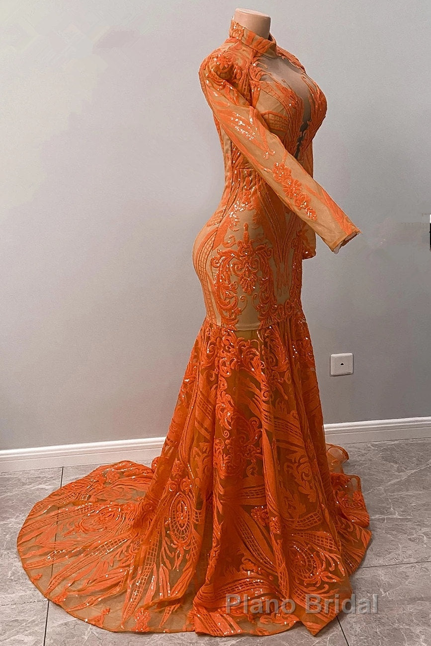 Hot Orange High neck Long Sleeves Mermaid Sequin Formal Prom Dresses