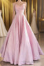 V-neck A-line Pink Spaghetti Straps Rushed Satin Long Formal Prom Dresses