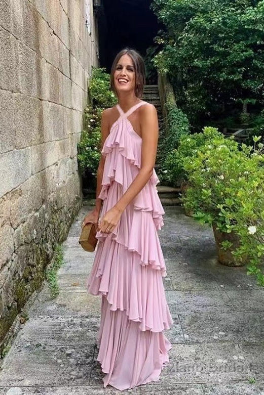 A Line Straps Tiered Chiffon Floor Length Long Prom Dress Pink Bridesmaid Dress Main image