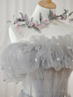 Gray Tulle A Line Off the Shoulder Formal Evening Dresses Long Formal Prom Dresses