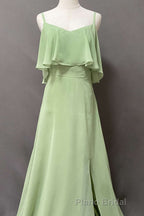 Ruffles Sage Green Straps A-Line Long Bridesmaid Dresses with Slit
