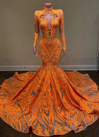 Hot Orange High neck Long Sleeves Mermaid Sequin Formal Prom Dresses
