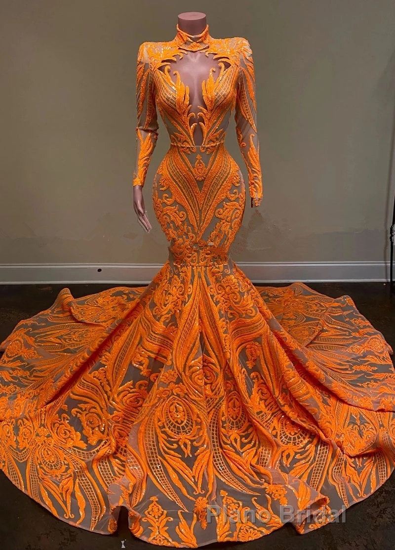 Hot Orange High neck Long Sleeves Mermaid Sequin Formal Prom Dresses