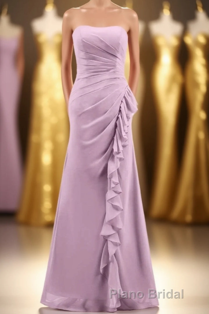 Pink Strapless Ruffled Mermaid Long Bridesmaid Dresses Main image