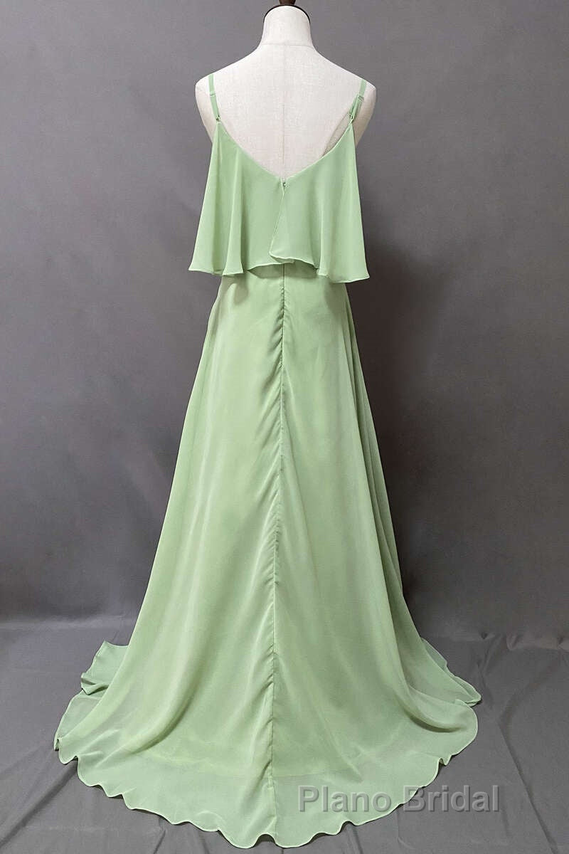 Ruffles Sage Green Straps A-Line Long Bridesmaid Dresses with Slit Secondary image