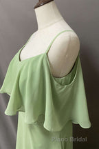 Ruffles Sage Green Straps A-Line Long Bridesmaid Dresses with Slit