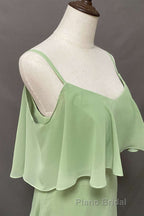 Ruffles Sage Green Straps A-Line Long Bridesmaid Dresses with Slit