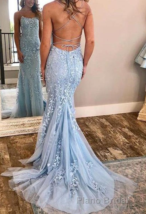 Chic Trumpet Spaghetti Straps With Lace Appliques Light Blue Formal Prom Dresses