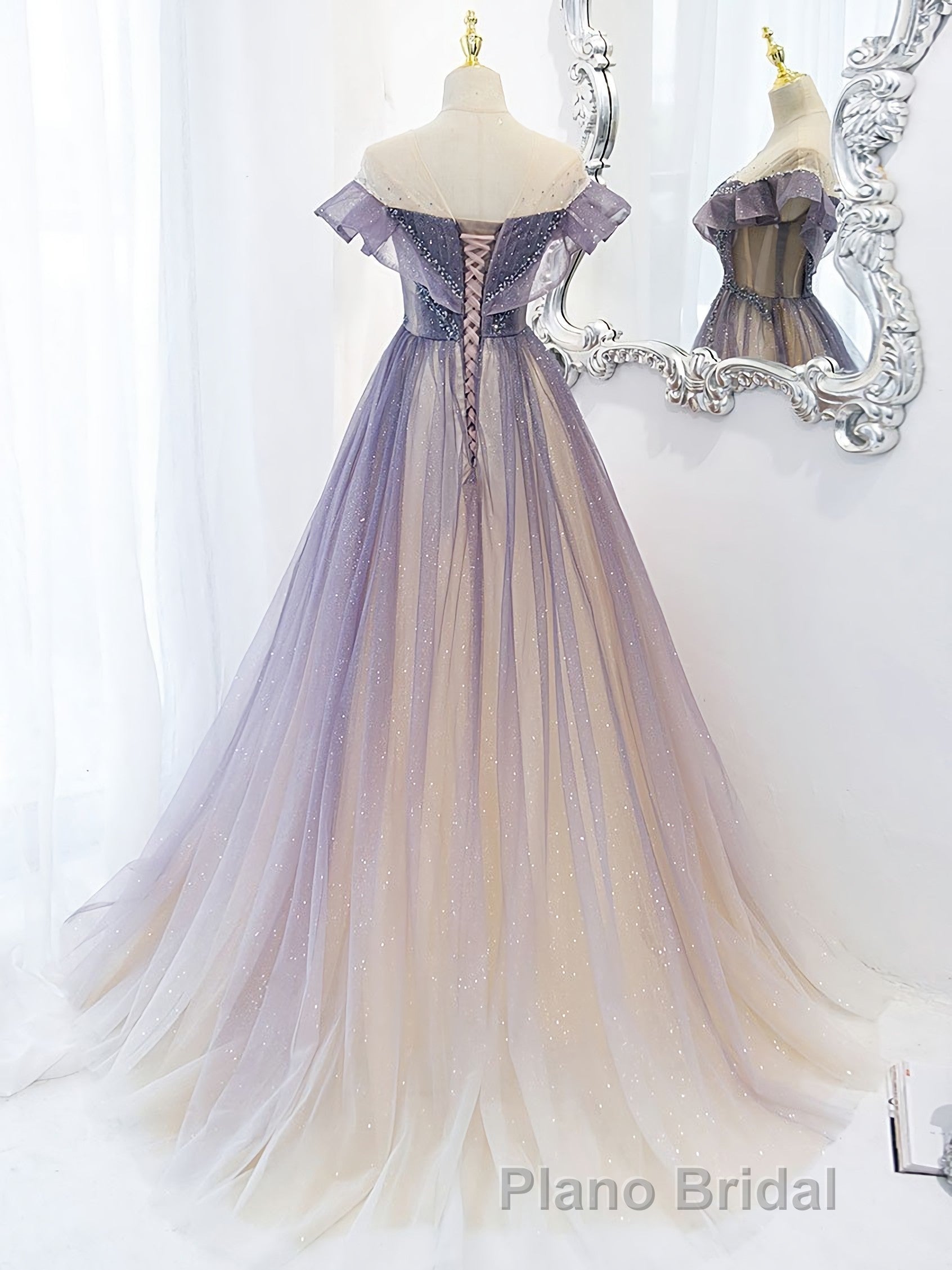Purple Off Shoulder Tulle Sequin Long Formal Prom Dresses, Purple Evening Dresses