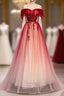 Burgundy Off Shoulder Tulle Long Formal Prom Dresses, Burgundy Prom Dresses, 1