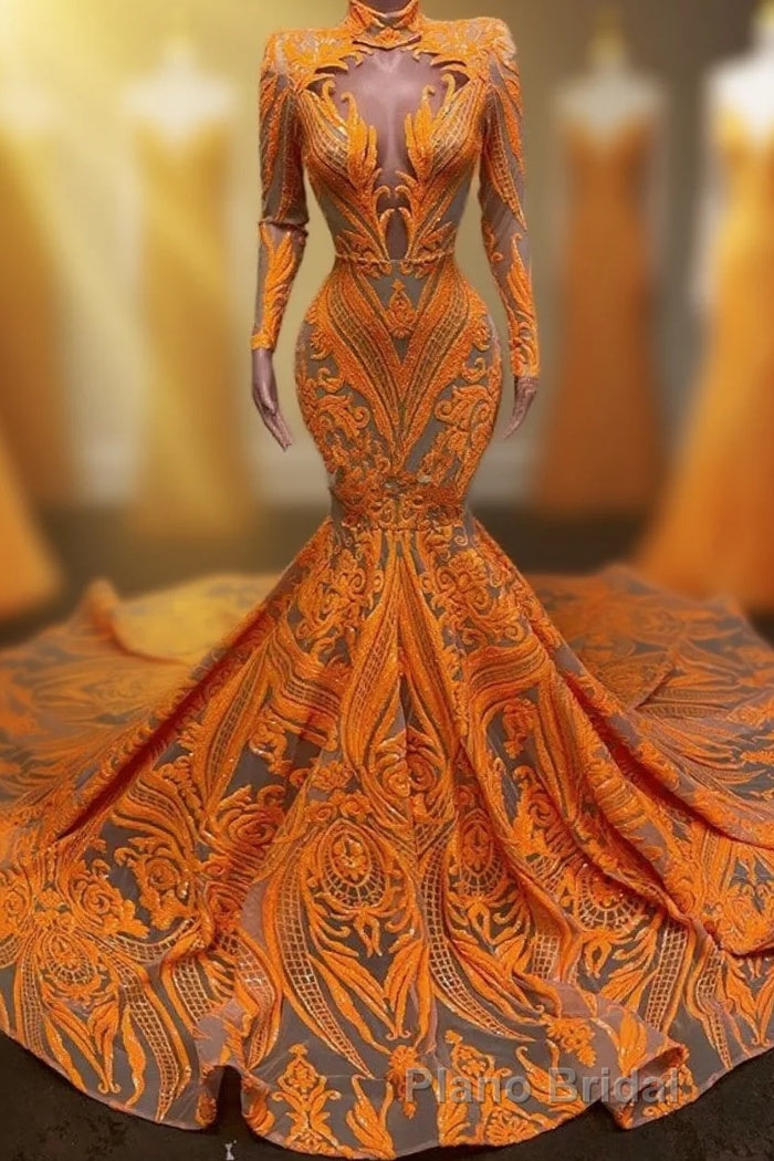 Hot Orange High neck Long Sleeves Mermaid Sequin Formal Prom Dresses Main image