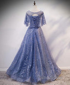 Unique Round Neck Tulle Lace Long Formal Prom Dress, Blue Lace Evening Dress