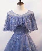 Unique Round Neck Tulle Lace Long Formal Prom Dress, Blue Lace Evening Dress