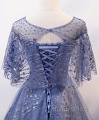 Unique Round Neck Tulle Lace Long Formal Prom Dress, Blue Lace Evening Dress